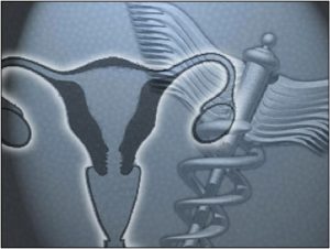 an illustration of ovaries and the medical symbol faded together