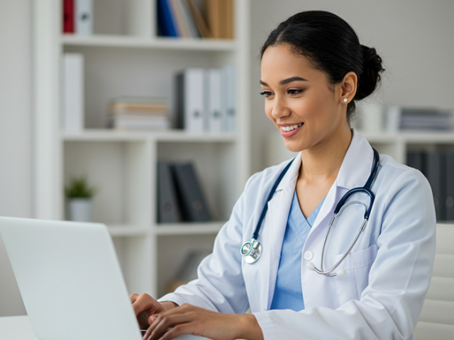 doctor typing on laptop